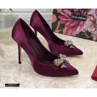 Dolce & Gabbana Heel 10.5cm Satin Pumps Burgundy with Crystal Bow 2021