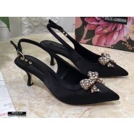 Dolce & Gabbana Heel 6.5cm Satin Slingbacks Black with Crystal Bow 2021