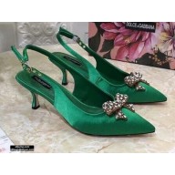 Dolce & Gabbana Heel 6.5cm Satin Slingbacks Green with Crystal Bow 2021