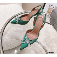 Amina Muaddi Heel Rosie Slingback Pumps Satin Green with Crystal Bow