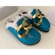 JW Anderson Shearling Lining Chain Loafer Mules Turquoise Blue 2021