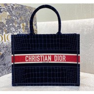 Dior Small Book Tote Bag in Crocodile-Effect Embroidered Velvet Blue 2021