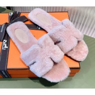 Hermes Shearling Woolskin Oran Sandals Light Pink 2021