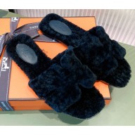 Hermes Shearling Woolskin Oran Sandals Black 2021