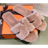 Hermes Shearling Woolskin Oran Sandals Camel 2021