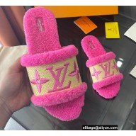Louis Vuitton Shearling and Raffia Lock It Flat Mules Dark Pink 2021