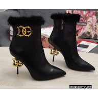 Dolce & Gabbana Mink Fur Thin Heel 10.5cm Leather Ankle Boots Black with Baroque DG Heel 2021