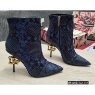 Dolce & Gabbana Thin Heel 10.5cm Leather Ankle Boots Snake Print Blue with Baroque DG Heel 2021