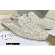 Jimmy Choo White Satin Slippers with All-Over Pearls 2021
