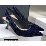 Dior Heel 6.5cm J'Adior Slingback Pumps Crocodile-Effect Embroidered Velvet Dark Blue 2021