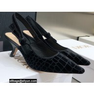 Dior Heel 6.5cm J'Adior Slingback Pumps Crocodile-Effect Embroidered Velvet Black 2021