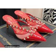 Valentino Heel 6cm Rockstud Alcove Mules in Mesh and Leather Patent Red 2021