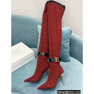 Balmain Heel 9.5cm Raven Thigh-high Boots Knit Red with Monogram Strap 2021