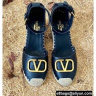 Valentino Leather VLogo Wedge Espadrilles Black
