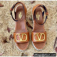 Valentino Leather VLogo Wedge Espadrilles Sandals Brown