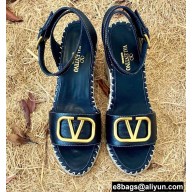 Valentino Leather VLogo Wedge Espadrilles Sandals Black