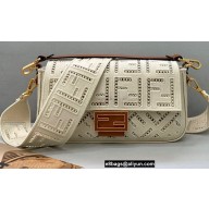 Fendi Medium Baguette Canvas Bag White with Embroidery 2021