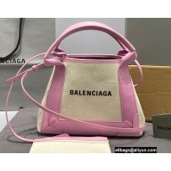 Balenciaga Navy XS Cabas Tote Bag in Cotton Canvas and Calfskin Pink/Light Beige 2021