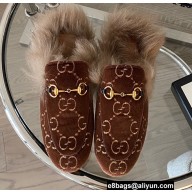 Gucci Wool Fur Horsebit Princetown Slippers GG Velvet Coffee 2022