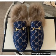 Gucci Wool Fur Horsebit Princetown Slippers GG Canvas Dark Blue 2022