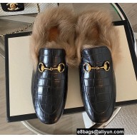 Gucci Wool Fur Horsebit Princetown Slippers Croco Pattern Black 2022