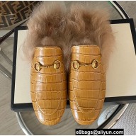 Gucci Wool Fur Horsebit Princetown Slippers Croco Pattern Yellow 2022