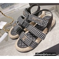 Chanel Logo Beach Sandals Tweed Black Spring 2022