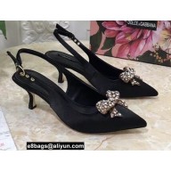 Dolce & Gabbana Heel 6.5cm Slingback Pumps Satin Black with Crystal Bow 2021