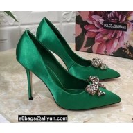 Dolce & Gabbana Heel 10.5cm Pumps Satin Green with Crystal Bow 2021