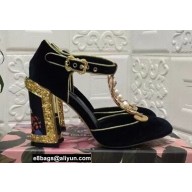 Dolce & Gabbana Painted Heel 10.5cm T-strap Pumps Velvet Black 2021