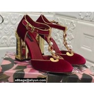 Dolce & Gabbana Painted Heel 10.5cm T-strap Pumps Velvet Red 2021