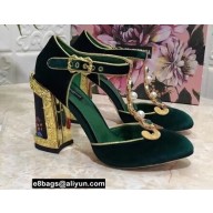 Dolce & Gabbana Painted Heel 10.5cm T-strap Pumps Velvet Green 2021
