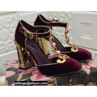 Dolce & Gabbana Painted Heel 10.5cm T-strap Pumps Velvet Burgundy 2021