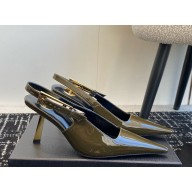 Saint Laurent Lee 75 patent leather slingback pumps green 2025