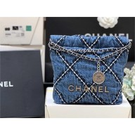 chanel Stitched Denim & Silver-Tone Metal Blue 22 Mini Handbag AS3980 2024(original quality)
