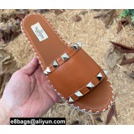 Valentino Grainy Calfskin Leather Rockstud Espadrilles Slide Sandals Brown 2022