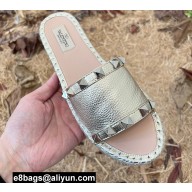 Valentino Grainy Calfskin Leather Rockstud Espadrilles Slide Sandals Light Gold 2022