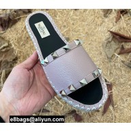 Valentino Grainy Calfskin Leather Rockstud Espadrilles Slide Sandals Dusty Pink 2022