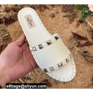 Valentino Grainy Calfskin Leather Rockstud Espadrilles Slide Sandals White 2022