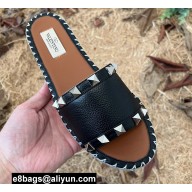 Valentino Grainy Calfskin Leather Rockstud Espadrilles Slide Sandals Black 2022