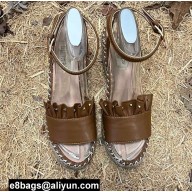 Valentino Studded Ruffled Leather Wedge Espadrilles Sandals Brown 2022