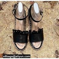 Valentino Studded Ruffled Leather Wedge Espadrilles Sandals Black 2022