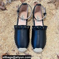 Valentino Studded Ruffled Leather Espadrilles Sandals Black 2022