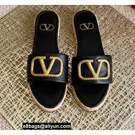 Valentino Leather Vlogo Espadrilles Slide Sandals Black 2022