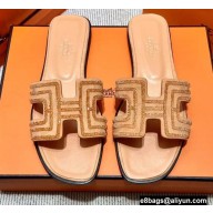 Hermes suede goatskin with rhinestone Oran Sandals Beige