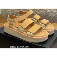 Chanel CC Logo Suede Velcro Sandals Beige 2022