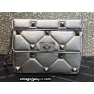 Valentino Grainy Calfskin Small Roman Stud Chain Bag Silver 2022