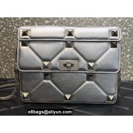 Valentino Grainy Calfskin Large Roman Stud Chain Bag Silver 2022