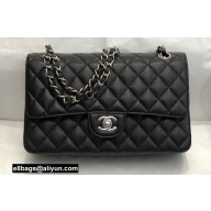 Chanel Medium Classic Flap Handbag A01112 in Caviar Leather with Edge Stitching and Black Lining Black/Silver
