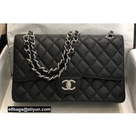 Chanel New Medium Classic Flap Handbag in Caviar Leather with Edge Stitching Black/Silver
